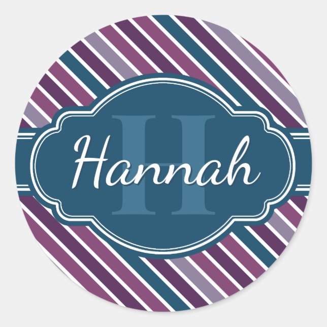 Purple White Teal Bold Stripe Pattern Monogram Classic Round Sticker (Front)