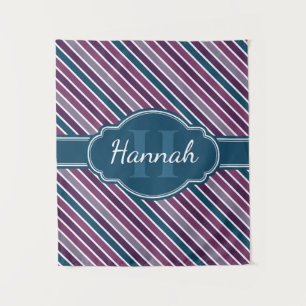 Purple White Teal Bold Stripe Pattern Monogram Tapestry