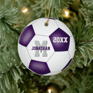 purple white team colors boys girls soccer ceramic tree decoration