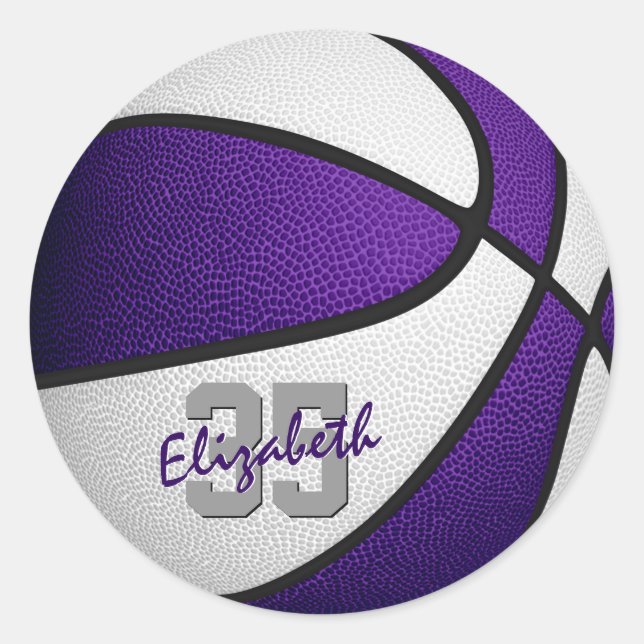 purple white team colours girls boys basketball classic round sticker (Front)