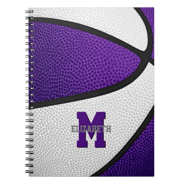 purple white team colours girls boys basketball notebook (Front)