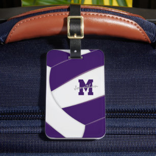 purple white team colours monogrammed volleyball luggage tag