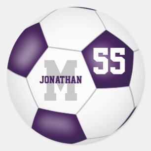 purple white team colours soccer ball personalised classic round sticker