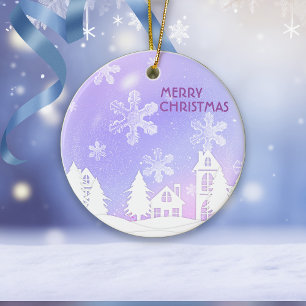 Purple White Translucent Snowflakes Snow House Ceramic Tree Decoration