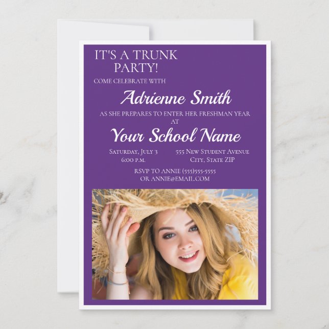 Purple White Trunk College Party Photo Invitation (Front)