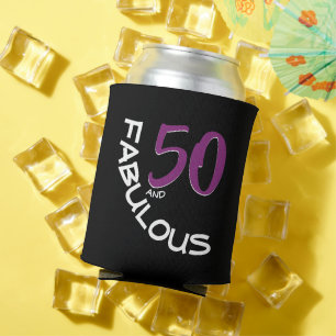 Purple & White Typography 50 and Fabulous Birthday Can Cooler