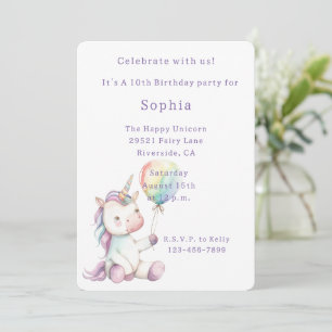 Purple White Unicorn Balloon Birthday Invitation