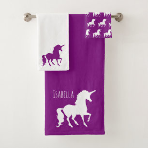 Purple White Unicorn Silhouette Personalised Kid Bath Towel Set