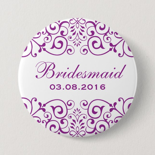 Purple White Victorian Flower Bridesmaid Button (Front)
