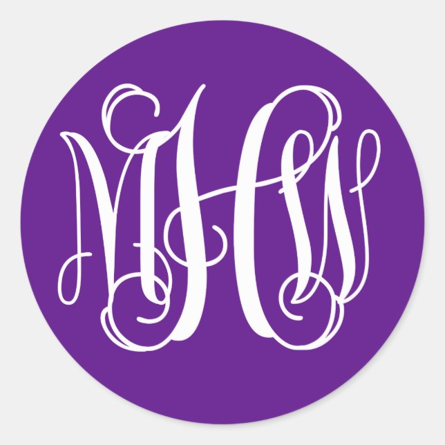 Purple White Vine Script Monogram DIY BG Classic Round Sticker (Front)