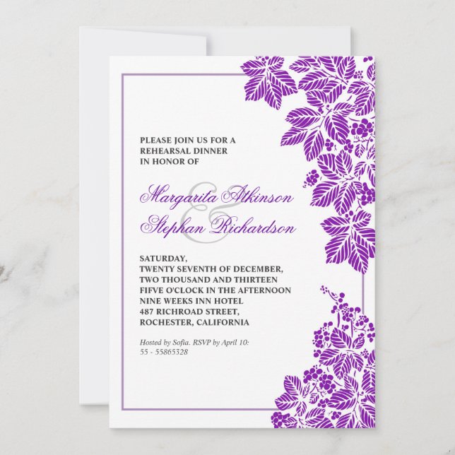 purple & white vineyard rehearsal dinner invites (Front)