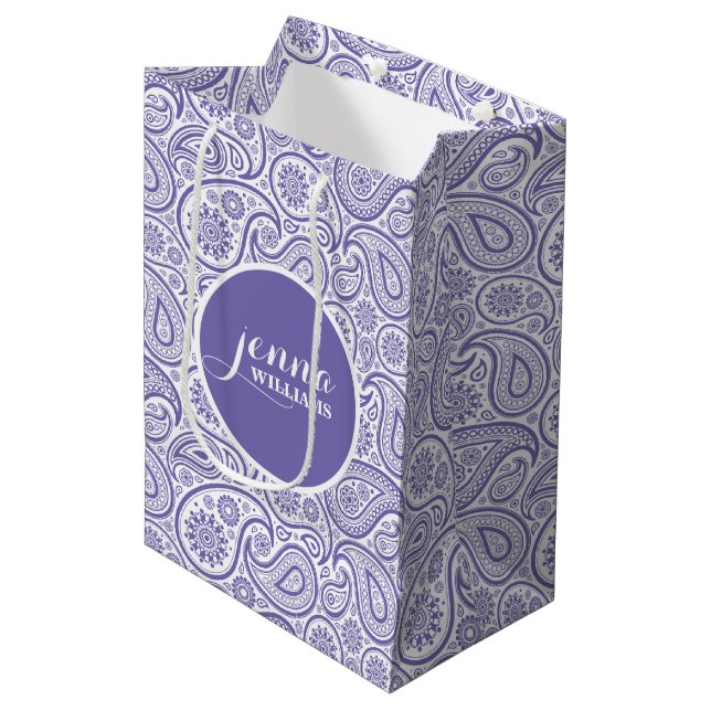 Purple & White Vintage paisley Damasks Medium Gift Bag (Front Angled)