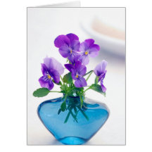 Purple  White Violas   Flowers Blue Vase Floral