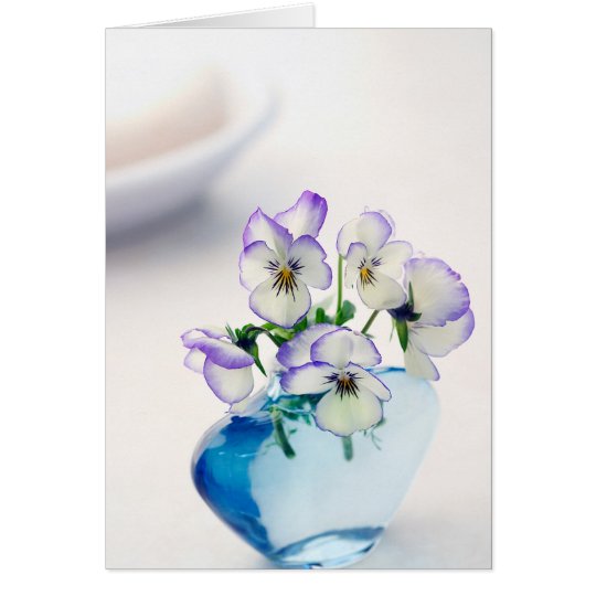 Purple White Violas Flowers Blue Vase Floral Card