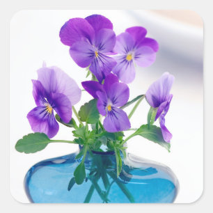 Purple  White Violas   Flowers Blue Vase Floral Square Sticker