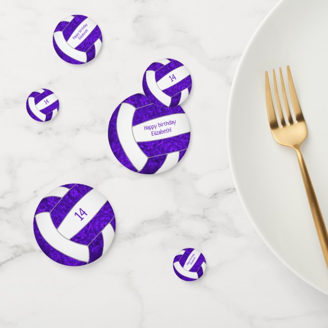 purple white volleyball girl birthday personalised confetti (Group)