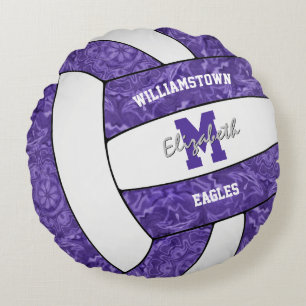 Purple white volleyball team colours girls sports  round cushion