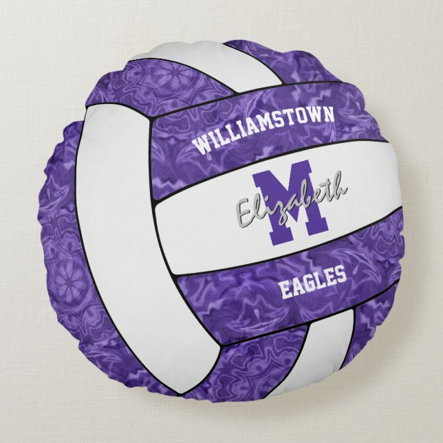 Purple white volleyball team colours girls sports  round cushion (Front)