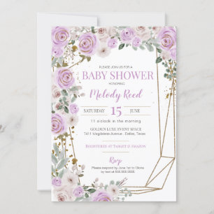 Purple & White Watercolor Flowers Girl Baby Shower Invitation