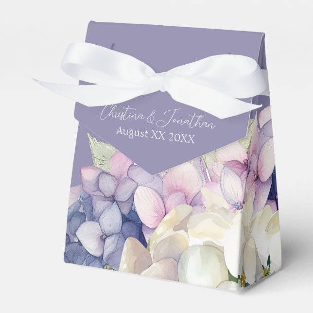 Purple & White Watercolor Hydrangeas on Lavender Favour Box (Front Side)