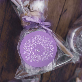 Purple white wedding hand drawn leaf monogram art classic round sticker