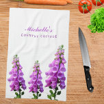 Purple white wildflowers floral pink purple script tea towel<br><div class="desc">Pink,  purple large foxgloves in a summer meadow on a white background. Personalise and add a name and place.  Perfect for a country cottage or vacation home.
The name is written with a modern hand lettered style script.</div>