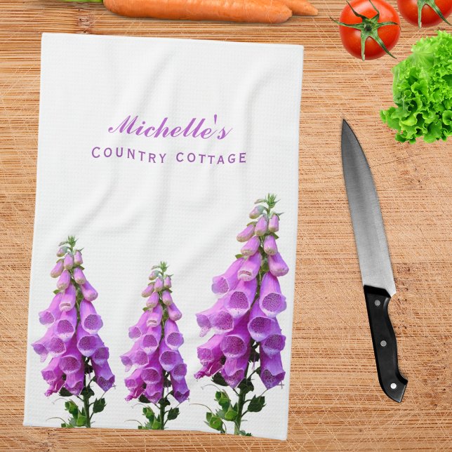 Purple white wildflowers floral pink purple script tea towel (Creator Uploaded)