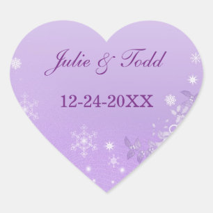 Purple & White Winter Save The Date Wedding Heart Sticker
