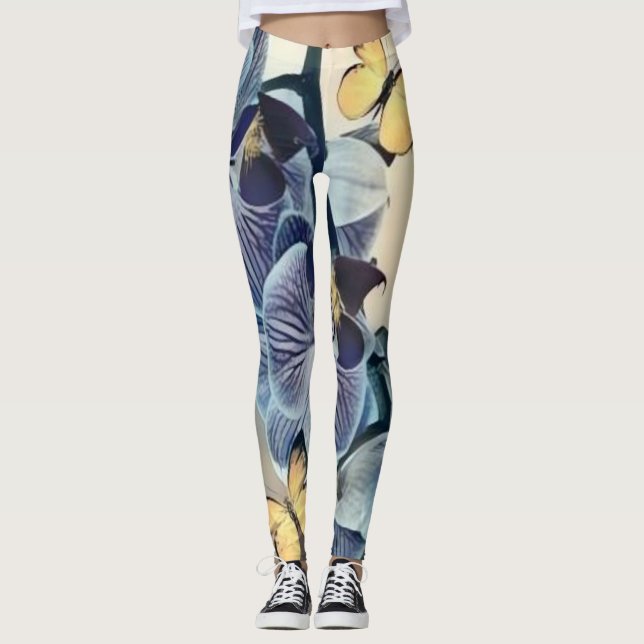 Purple white yellow orchid floral butterfly  leggings (Front)