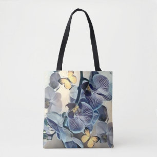Purple white yellow orchid floral butterfly tote bag