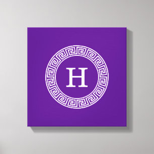 Purple Wht Greek Key Rnd Frame Initial Monogram Canvas Print