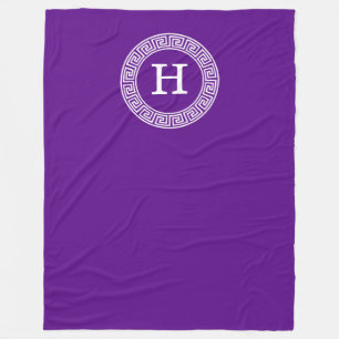 Purple Wht Greek Key Rnd Frame Initial Monogram Fleece Blanket