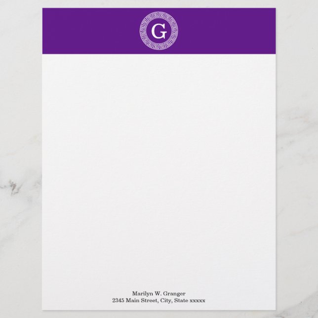 Purple Wht Greek Key Rnd Frame Initial Monogram Letterhead Design (Front)