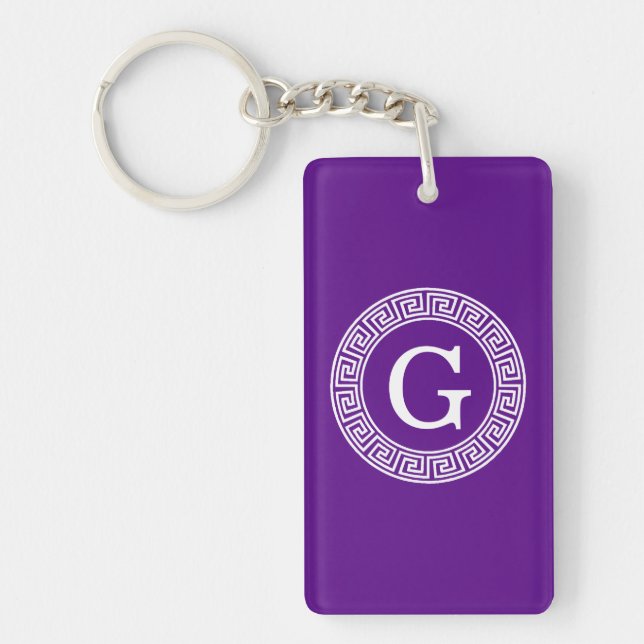 Purple Wht Greek Key Rnd Frame Initial Monogram Ring (Front)