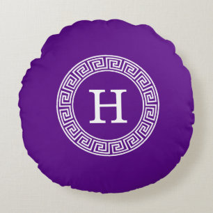 Purple Wht Greek Key Rnd Frame Initial Monogram Round Cushion