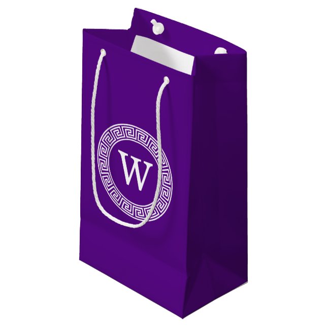 Purple Wht Greek Key Rnd Frame Initial Monogram Small Gift Bag (Front Angled)
