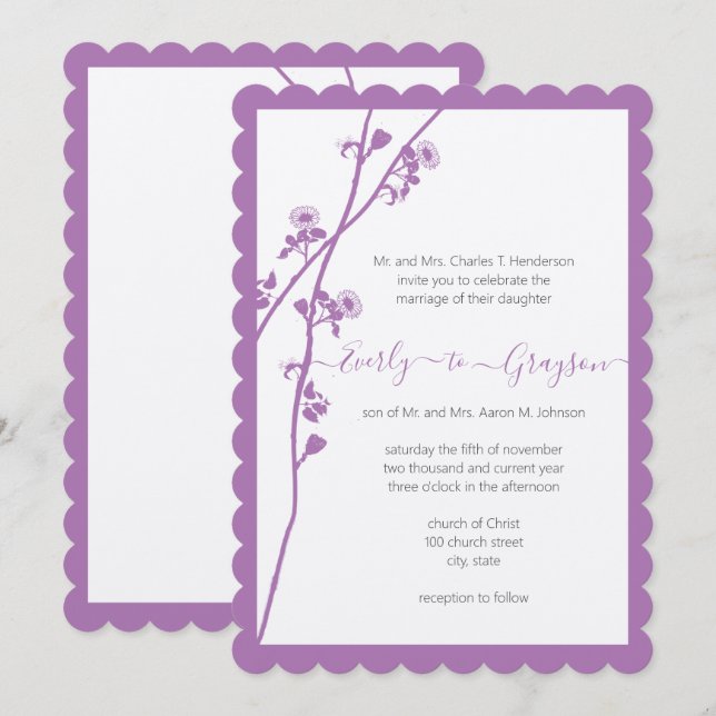 Purple Wild Flower Branch Wedding  Invitation (Front/Back)