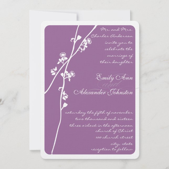 Purple Wild Flower Branch Wedding Invitation (Front)