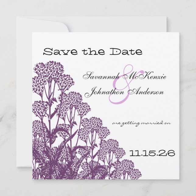 Purple Wild Flower Branch Wedding Save the Date Invitation (Front)