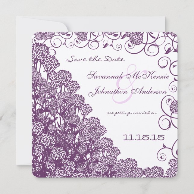 Purple Wild Flower Branch Wedding Save the Date Invitation (Front)