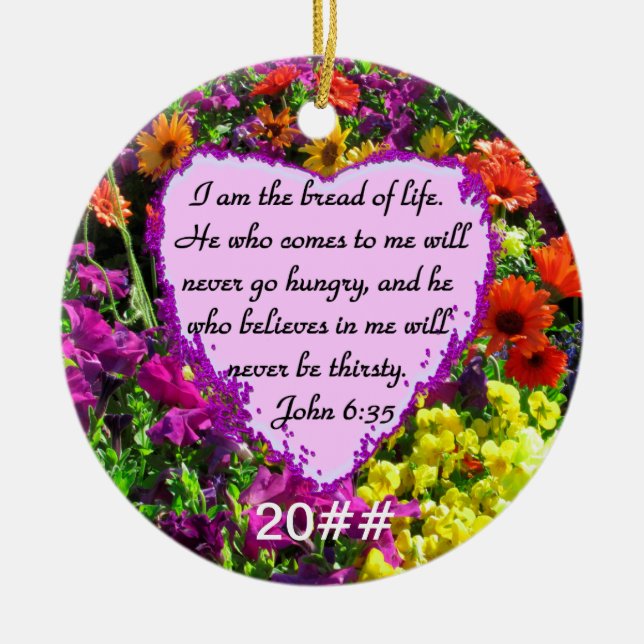 PURPLE WILD FLOWER JOHN 6:35 DESIGN CERAMIC TREE DECORATION (Front)