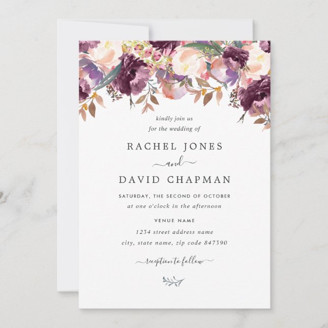Purple Wild Flower Watercolor Wedding Invitation (Front)