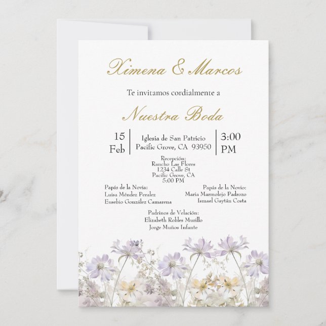 purple wild flower wedding invitation  (Front)