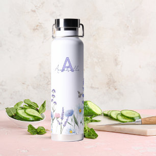 Purple Wild Flowers Monogram Water Bottle