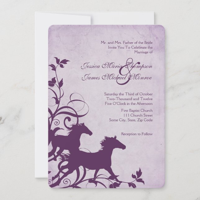 Purple Wild Horses Wedding Invitation (Front)