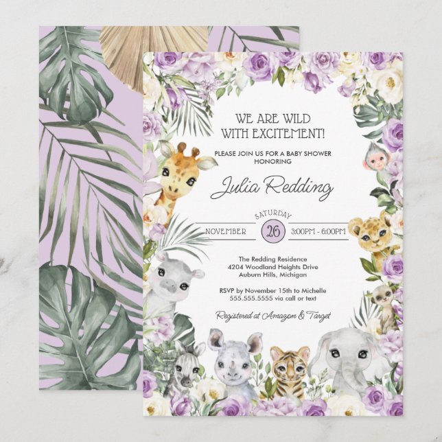 Purple Wild Jungle Safari Animals Baby Shower Invitation (Front/Back)