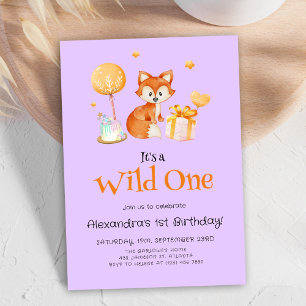 Purple Wild One Baby Girl First Birthday Invitation