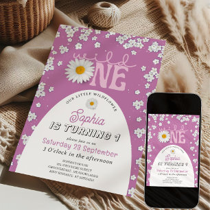 Purple Wild One Daisy 1st Birthday Invitation