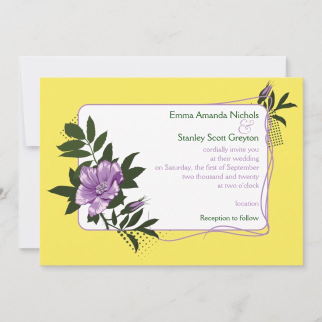 Purple wild rose yellow floral wedding invitation (Front)