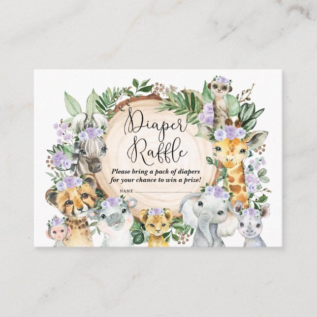 Purple Wild Safari Animals Baby Diaper Raffle Enclosure Card (Front)